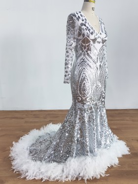 unique silver sequin and white ostrich feather trim mermaid prom dress