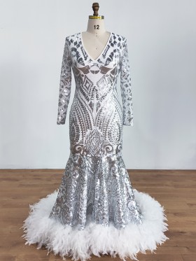 unique silver sequin long sleeve prom dress with white ostrich feather train unique silver sequin long sleeve prom dress with white ostrich feather train
