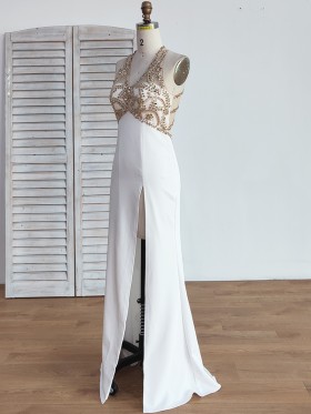 gold beaded white long prom dress with thigh high slit gold beaded white long prom dress with thigh high slit