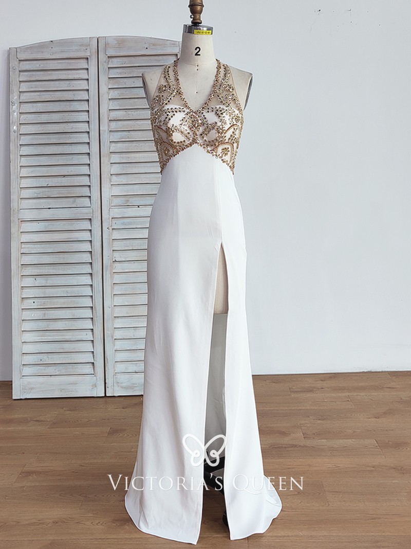 gold beading bodice white split long prom party dress