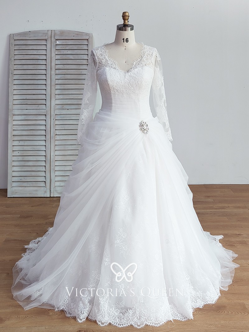 Long Sleeve Beaded Pick up Lace Ball Gown Wedding Dress