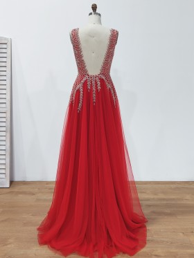 silver beadings embellished low back red tulle floor length formal gown silver beadings embellished low back red tulle floor length formal gown