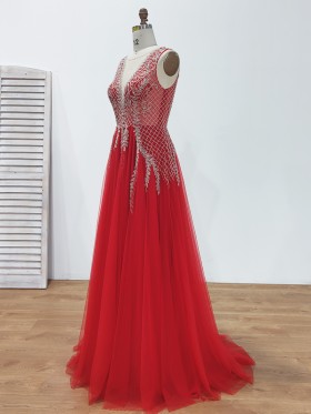 sleeveless red tulle with silver beadings long formal dress