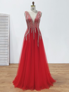 sparkly silver beaded red tulle long prom formal dress