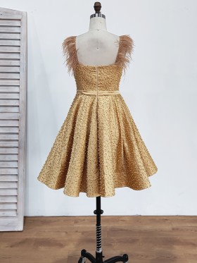 gold satin with full pearl beaded and feather straps short dress