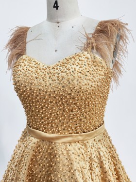 pearls beaded gold dress with feather straps pearls beaded gold dress with feather straps
