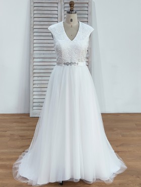 elegant lace cap sleeve V neck tulle long bridal dress elegant lace cap sleeve V neck tulle long bridal dress