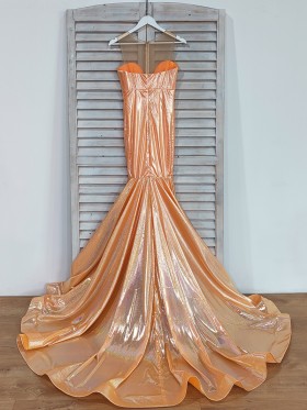 orange glitter lame fabric long prom gown