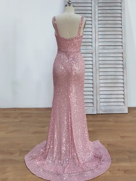 pink stripe sequin mermaid long prom dress with short train