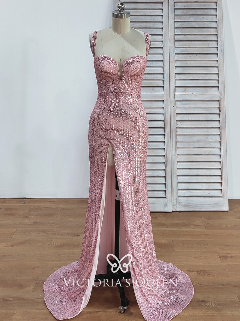 pink stripe sequin sexy dip neck split long prom dress