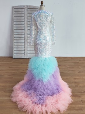 blue purple pink color mixed sequin and tulle long prom dress