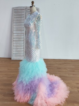multi color sequin long sleeve mermaid tulle prom dress multi color sequin long sleeve mermaid tulle prom dress