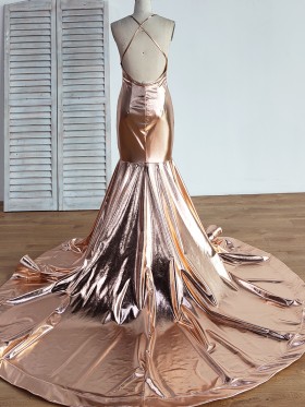 low back bronze gold long train prom dress