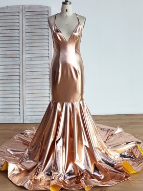 shiny bronze gold faux leather mermaid long prom dress