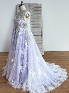 lavender wedding dress with long sleeve white lace overlay