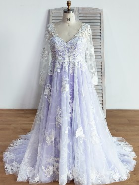 white floral lace overlaid lavender inner wedding dress