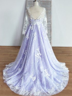 white lace long sleeve overlaid lavender wedding gown