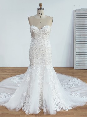 flowers lace sweetheart neck mermaid wedding dress