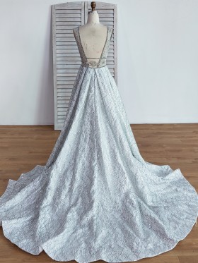 low back silver glitter overlaid long train prom gown low back silver glitter overlaid long train prom gown