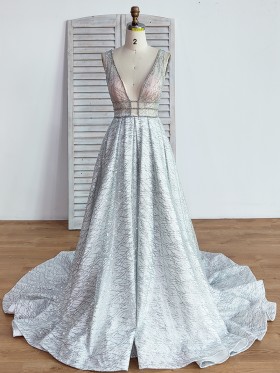 sexy plunging V neckline glitter overlay prom gown