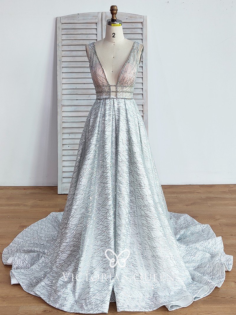 sexy plunging V neckline glitter overlay prom gown