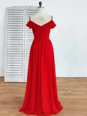 red chiffon A line long bridesmaid dress