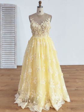 yellow 3D floral lace V neck floor lenght cute party gown