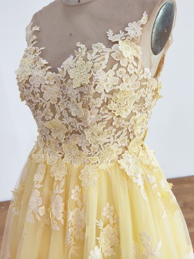 yellow lace V neck dress
