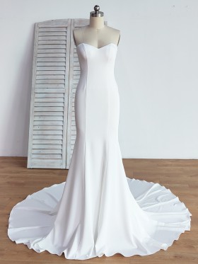strapless sleek white mermaid long train formal dress