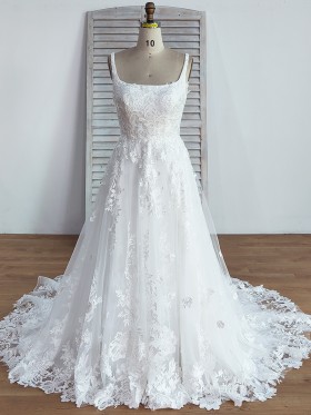 white scoop neckline floral lace wedding gown