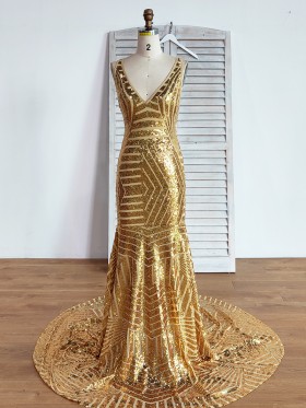 Sparkly stripe lined sequin V neck mermaid prom dress