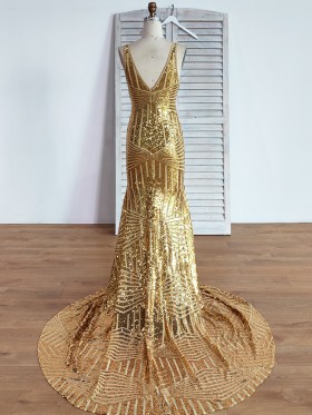 gold stripe sequin sleeveless V back long train prom dress gold stripe sequin sleeveless V back long train prom dress