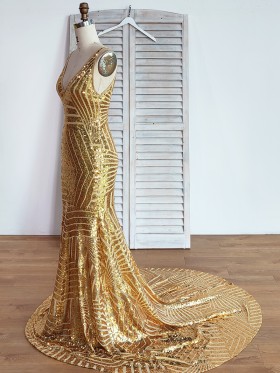 sleeveless V neck mermaid stripe lined sequin prom dress sleeveless V neck mermaid stripe lined sequin prom dress