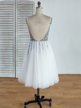 beaded low back short tulle dress