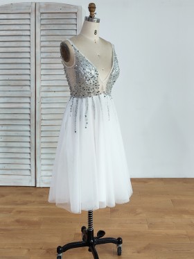 silver beaded bodice ivory tulle bottom short dress