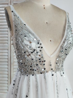 silver beaded plunging neckline silver beaded plunging neckline