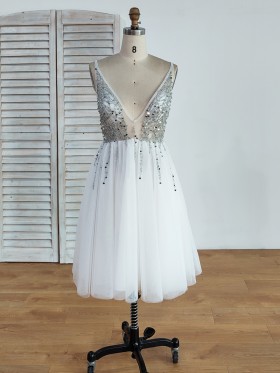 silver beaded sexy plunging V neck low back tulle dress silver beaded sexy plunging V neck low back tulle dress