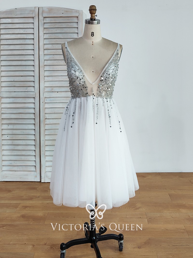 silver beaded sexy plunging V neck low back tulle dress