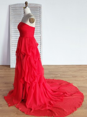 celebrity inspired red ruffled chiffon long dress