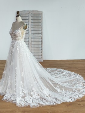 floral lace silhouette with chapel train wedding dress