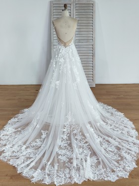 illusion chapel train floral lace wedding dress