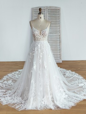 sequinned floral lace and tulle long train wedding dress