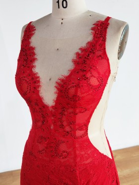beaded scalloped red lace dress
