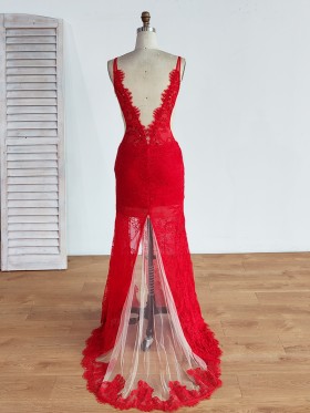 scalloped V back red lace and tulle sheer long dress scalloped V back red lace and tulle sheer long dress