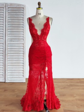 sexy beaded red sheer lace slit long evening prom dress sexy beaded red sheer lace slit long evening prom dress