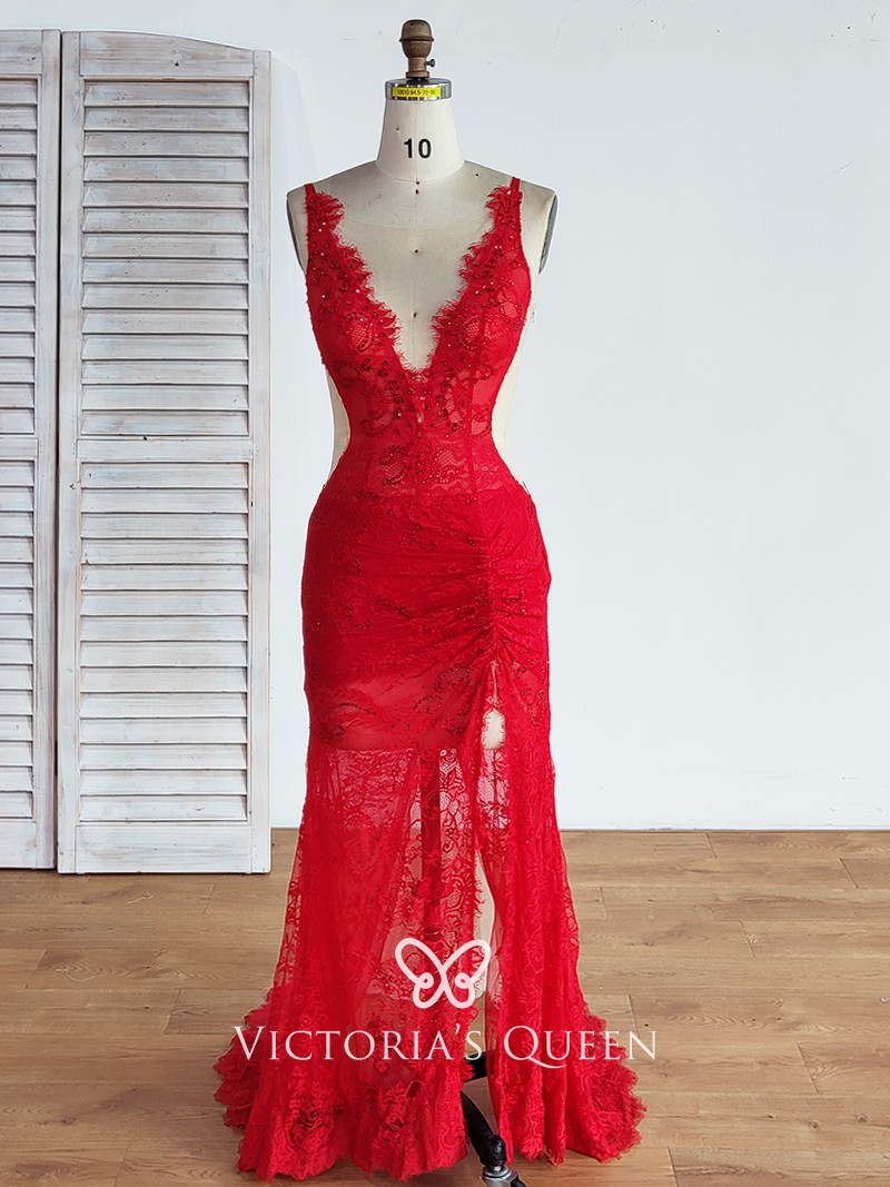 sexy beaded red sheer lace slit long evening prom dress