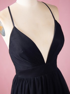 draped tulle plunging neck prom dress