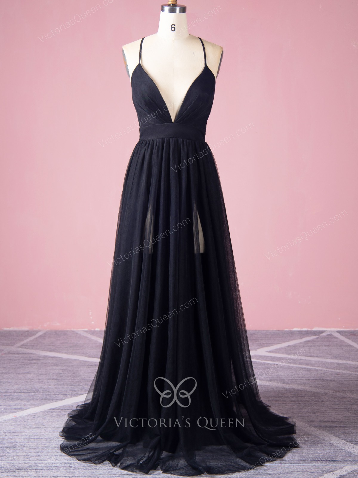 popular black tulle plunging neck A line long prom dress