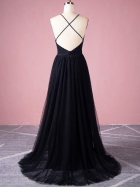 spaghetti straps black tulle long prom dress