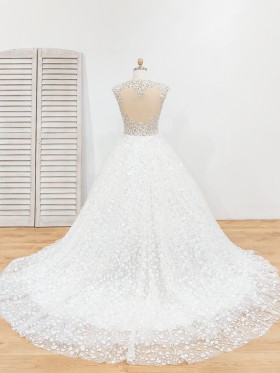 open back beaded chapel train wedding gown